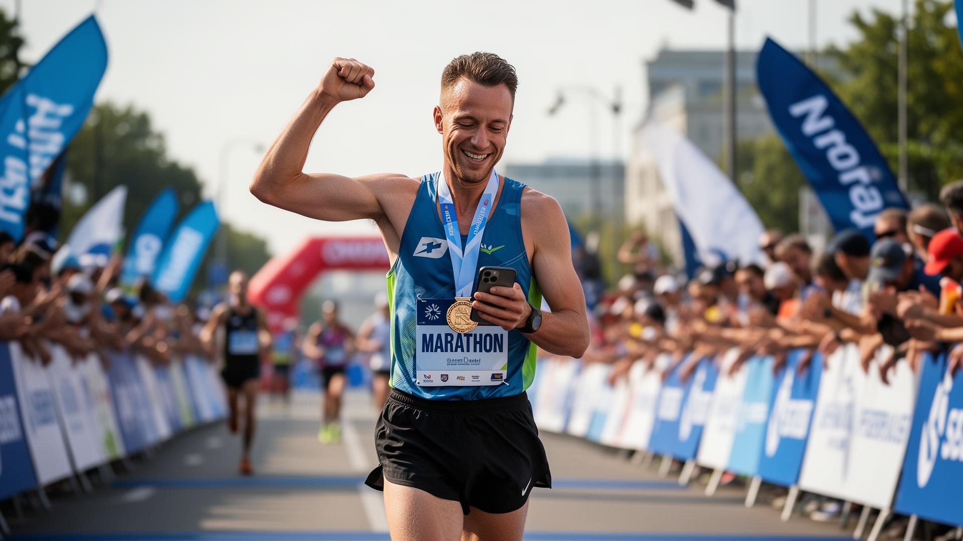Marathon runner celebrating at finish line checking phone for race photos