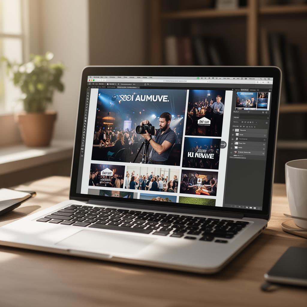 Photographer managing photo gallery on laptop